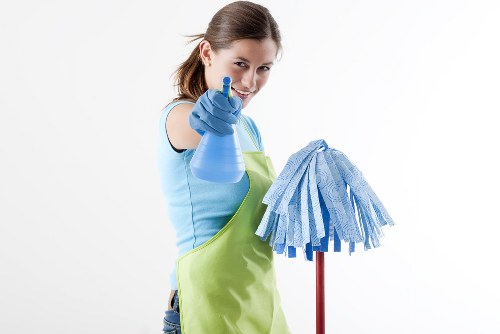 Carpet cleaning team preparing safe work area with equipment